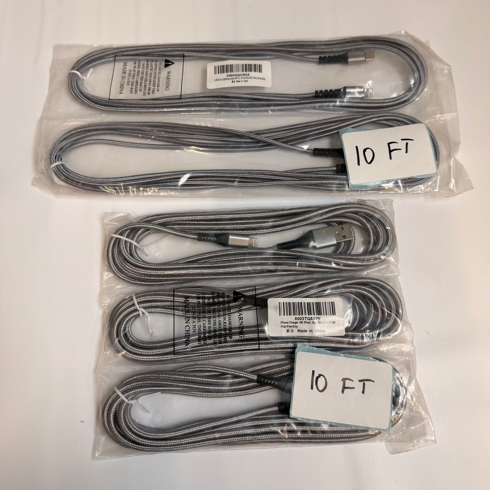 Lot of 5 Mixed USB-C & USB-A to Lightning Braided Fast Charging Cables 10ft